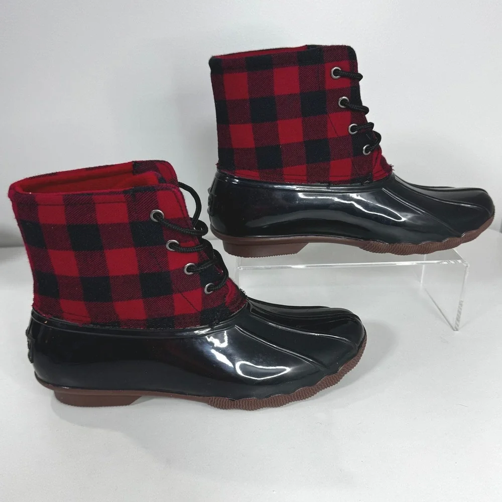 Jessica Carlyle Womens Buffalo Plaid Duck Boots Black Red Rain Snow Size 10